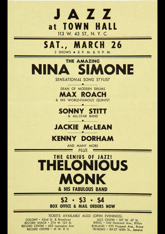NINA SIMONE THELONIUS MONK 1960 VINTAGE CONCERT POSTER REPRINT