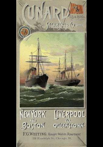 1891 CUNARD STEAMSHIP CO NEW YORK AND BOSTON LIVERPOOL AD ART PRINT PHOTO POSTER