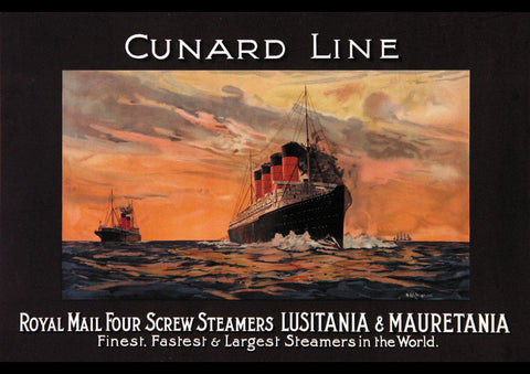 1910 CUNARD LINE ROYAL MAIL FOUR SCREW STEAMERS LUSITANIA & MAURETANIA AD ART PRINT PHOTO POSTER