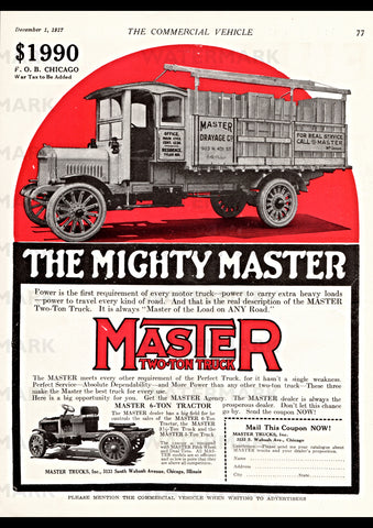 1918 MASTER TWO TON TRUCK REPRO AD ART PRINT POSTER