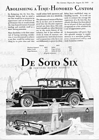 1929 DESOTO SIX SEDAN COCHE (SEDAN COACH) REPRO AD ART PRINT POSTER
