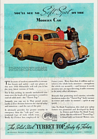 1936 OLDSMOBILE SEDAN WITH BODY BY FISHER USA AD ART PRINT POSTER