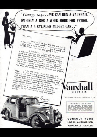 1936 VAUXHALL LIGHT SIX SEDAN AUSSIE AD ART PRINT POSTER