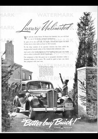 1938 BUICK LIMITED SIX-PASSENGER TOURING SEDAN USA AD ART PRINT POSTER