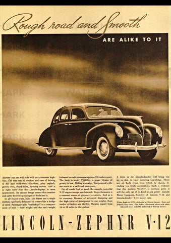 1938 LINCOLN ZEPHYR V12 SEDAN USA AD ART PRINT POSTER