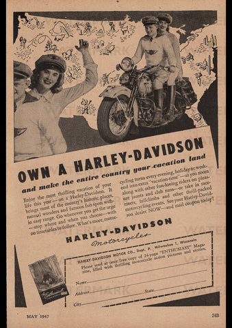 1947 HARLEY DAVIDSON MOTORCYCLE USA AD ART PRINT POSTER