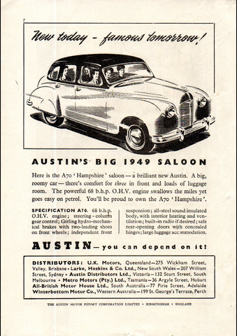 1949 AUSTIN A70 HAMPSHIRE SALOON AUSSIE AD ART PRINT POSTER