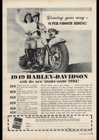 1949 HARLEY DAVIDSON HYDRA-GLIDE MOTORCYCLE USA AD ART PRINT POSTER