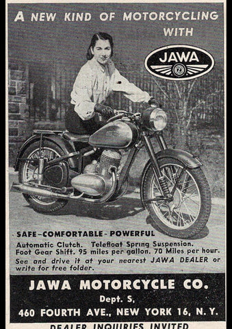 1949 JAWA MOTORCYCLE USA AD ART PRINT POSTER