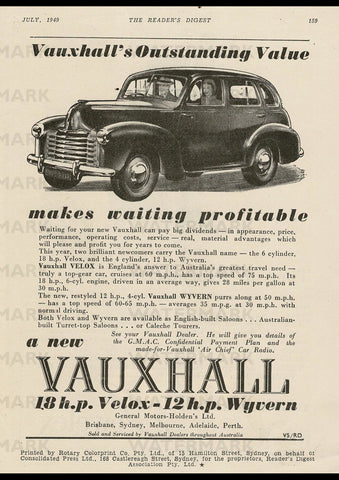 1949 VAUXHALL VELOX & WYVERN SEDAN AUSSIE AD ART PRINT POSTER