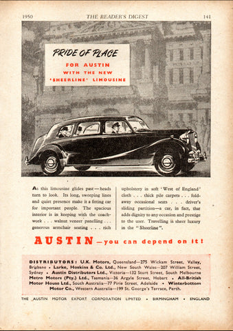 1950 AUSTIN SHEERLINE A125 LIMOUSINE AUSSIE AD ART PRINT POSTER