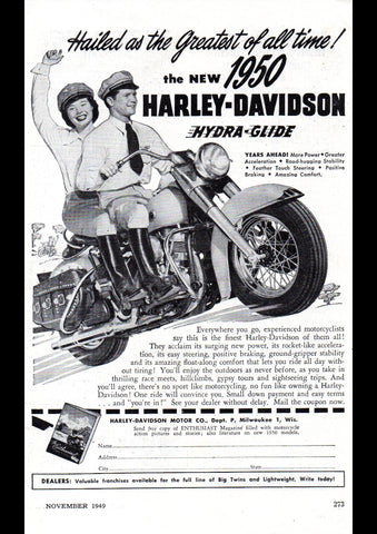 1950 HARLEY DAVIDSON HYRDA GLIDE MOTORCYCLE USA AD ART PRINT POSTER