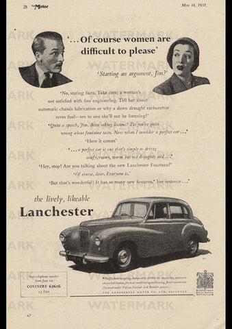 1951 LANCHESTER FOURTEEN SALOON ENGLISH UK AD ART PRINT POSTER