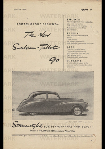 1951 SUNBEAM TALBOT 90 SALOON ENGLISH UK AD ART PRINT POSTER