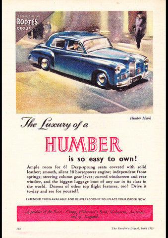 1952 HUMBER HAWK ROOTES GROUP AUSSIE REPRO AD ART PRINT POSTER