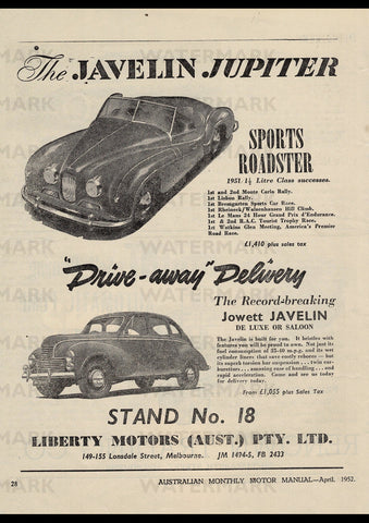 1952 JOWETT JAVELIN SALOON & JUPITER SPORT ROADSTER AUSSIE REPRO AD ART PRINT POSTER