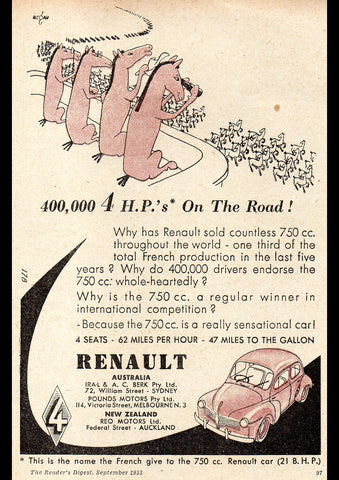 1952 RENAULT 4 SEAT 750 AUSSIE REPRO AD ART PRINT POSTER