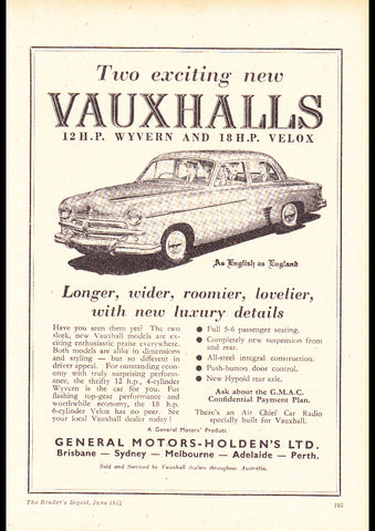 1952 VAUXHALL 12HP WYVERN & 18HP VELOX GMH AUSSIE REPRO AD ART PRINT POSTER