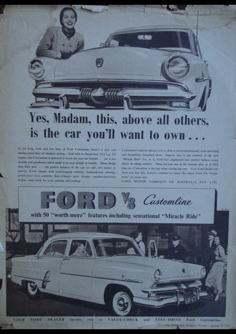 1953 FORD CUSTOMLINE V8 SEDAN AUSSIE REPRO AD ART PRINT POSTER