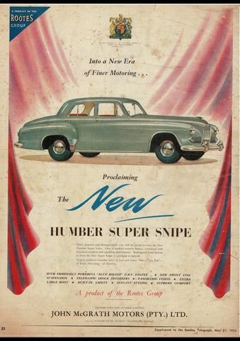 1953 ROOTES GROUP HUMBER SUPER SNIPE SEDAN AUSSIE REPRO AD ART PRINT POSTER