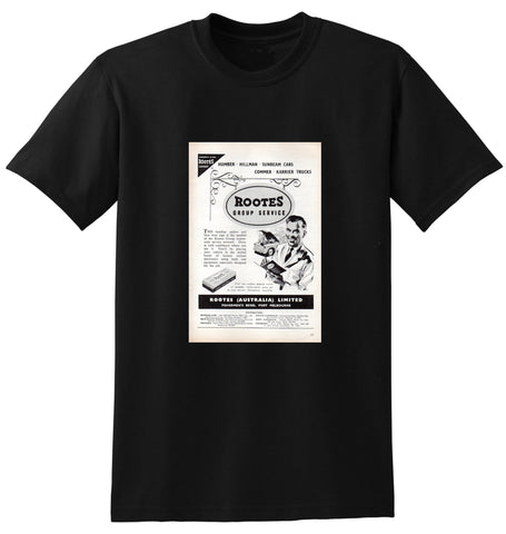 1953 ROOTES GROUP SERVICE HUMBER HILLMAN SUNBEAM CARS COMMER KARRIER AUSSIE AD TSHIRT