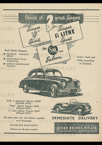 1953 SINGER 1500 SALOON 9 SPORTS TOURER 1.5 LTR AUSSIE REPRO AD ART PRINT POSTER