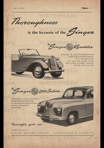 1953 SINGER 1500 SALOON & ROADSTER AUSSIE REPRO AD ART PRINT POSTER