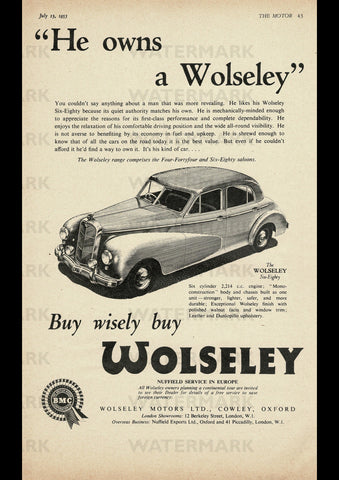 1953 WOLSELEY SALOON BMC ENGLISH UK REPRO AD ART PRINT POSTER