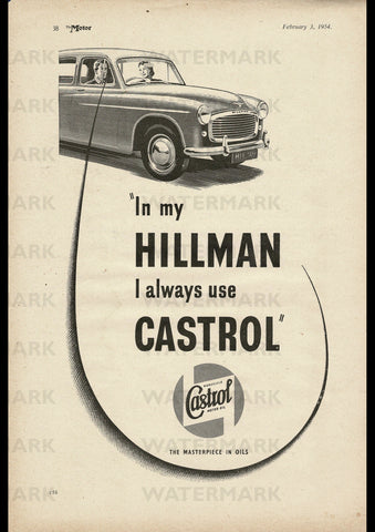 1954 CASTROL MOTOR OIL HILLMAN ROOTES ENGLISH UK REPRO AD ART PRINT POSTER