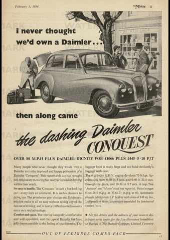 1954 DAIMLER CONQUEST SALOON ENGLISH UK REPRO AD ART PRINT POSTER