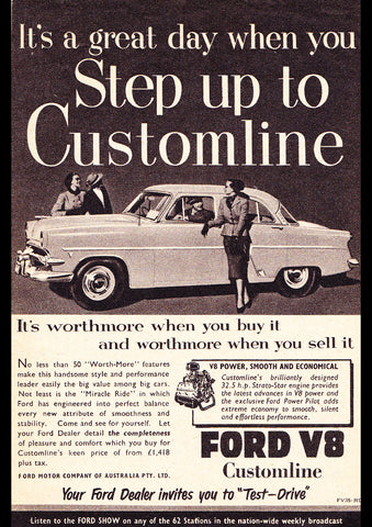 1954 FORD CUSTOMLINE V8 AUSSIE REPRO AD ART PRINT POSTER