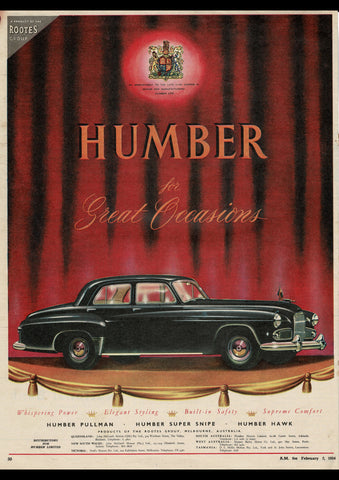 1954 HUMBER SUPER SNIPE SEDAN ROOTES GROUP AUSSIE REPRO AD ART PRINT POSTER