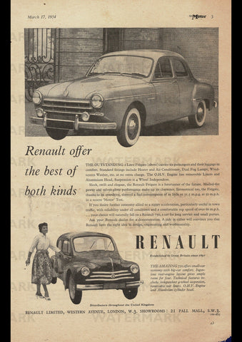 1954 RENAULT FREGATE 2LTR & 750 SALOON ENGLISH UK REPRO AD ART PRINT POSTER