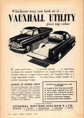 1954 VAUXHALL COUPE UTILITIES WYVERN VELOX GMH AUSSIE REPRO AD ART PRINT POSTER