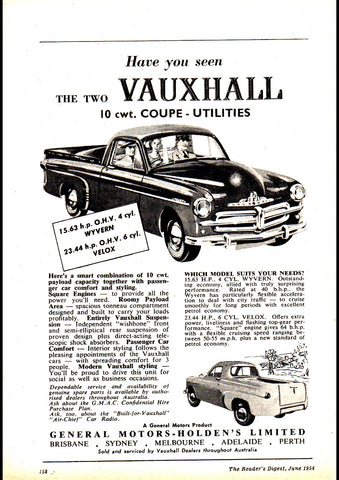 1954 VAUXHALL VELOX WYVERN 10 CWT COUPE UTILITIES AUSSIE REPRO AD ART PRINT POSTER