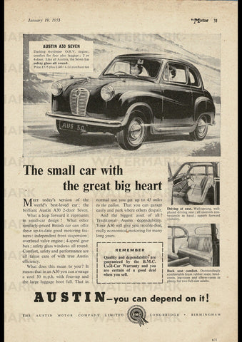 1955 AUSTIN A30 SEVEN 2 DOOR BMC ENGLISH UK REPRO AD ART PRINT POSTER