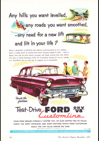 1955 FORD CUSTOMLINE V8 AUSSIE REPRO AD ART PRINT POSTER