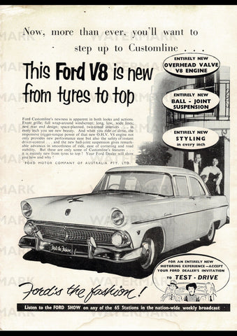 1955 FORD CUSTOMLINE V8 SEDAN AUSSIE REPRO AD ART PRINT POSTER