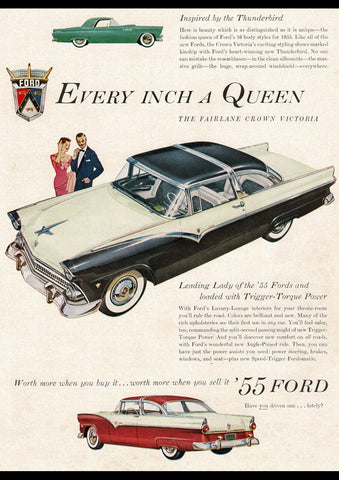 1955 FORD FAIRLANE CROWN VICTORIA 2 DOOR HARDTOP & THUNDERBIRD USA REPRO AD ART PRINT POSTER