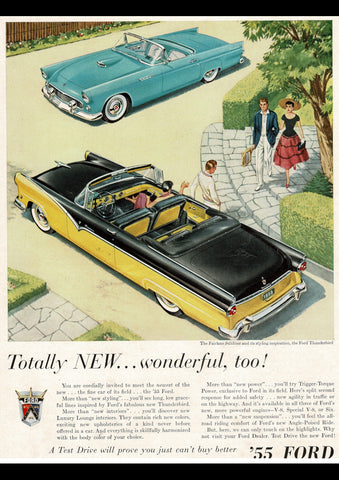 1955 FORD FAIRLANE SUNLINER & THUNDERBIRD CONVERTIBLES USA REPRO AD ART PRINT POSTER