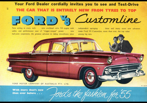 1955 FORD V8 CUSTOMLINE AUSSIE AD ART PRINT POSTER