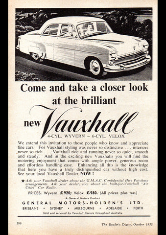 1955 VAUXHALL WYVERN 4 CYLINDER & VELOX 6 CYLINDER SEDAN AUSSIE REPRO AD ART PRINT POSTER