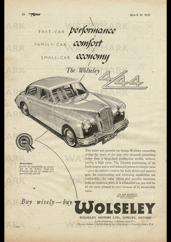 1955 WOLSELEY 444 SALOON BMC ENGLISH UK REPRO AD ART PRINT POSTER