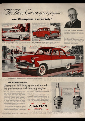 1956 CHAMPION SPARK PLUGS FORD ZEPHYR & CONSUL AUSSIE REPRO AD ART PRINT POSTER