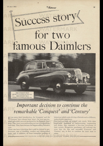 1956 DAIMLER CONQUEST MARK II & CENTURY SALOONS ENGLISH UK REPRO AD ART PRINT POSTER