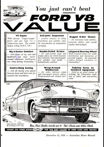 1956 FORD CUSTOMLINE V8 AUSSIE REPRO AD ART PRINT POSTER