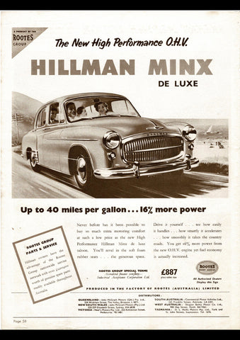 1956 HILLMAN MINX DELUXE SEDAN ROOTES GROUP AUSSIE REPRO AD ART PRINT POSTER