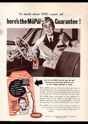 1956 MOPAR PARTS GUARANTEE CHRYSLER AUSTRALIA REPRO AD ART PRINT POSTER