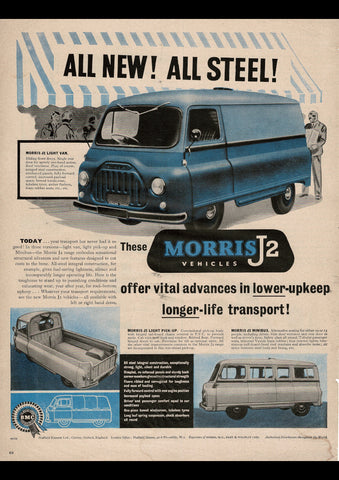 1956 MORRIS J2 SERIES MINIBUS LIGHT VAN & LIGHT PICKUP BMC INTERNATIONAL REPRO AD ART PRINT POSTER