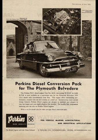 1956 PERKINS DIESEL CONVERSION FOR PLYMOUTH BELVEDERE ENGLISH UK REPRO AD ART PRINT POSTER